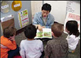 Photo of Mihoko Sensei teaching Japanese immersion class with K-1 students at John Stanford International School